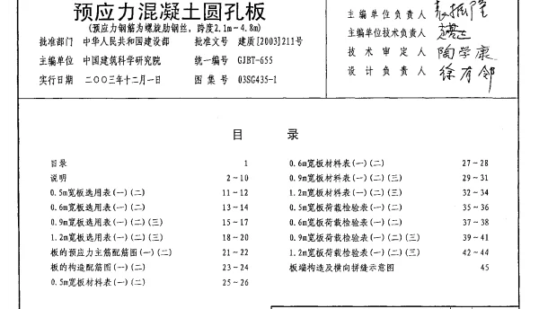 03SG435-1 预应力混凝土圆孔板(预应力钢筋为螺旋肋钢丝跨度2.1m～4.8m)