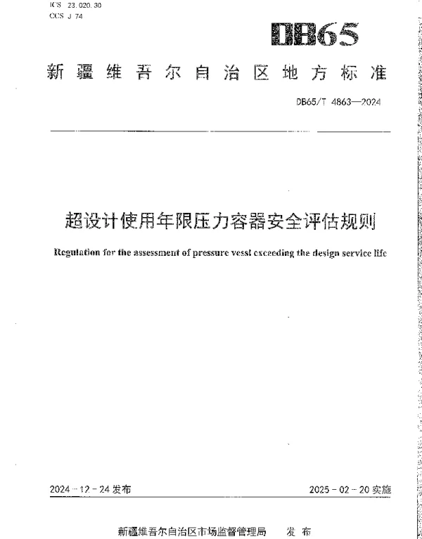 DB65T 4863-2024 超设计使用年限压力容器安全评估规则