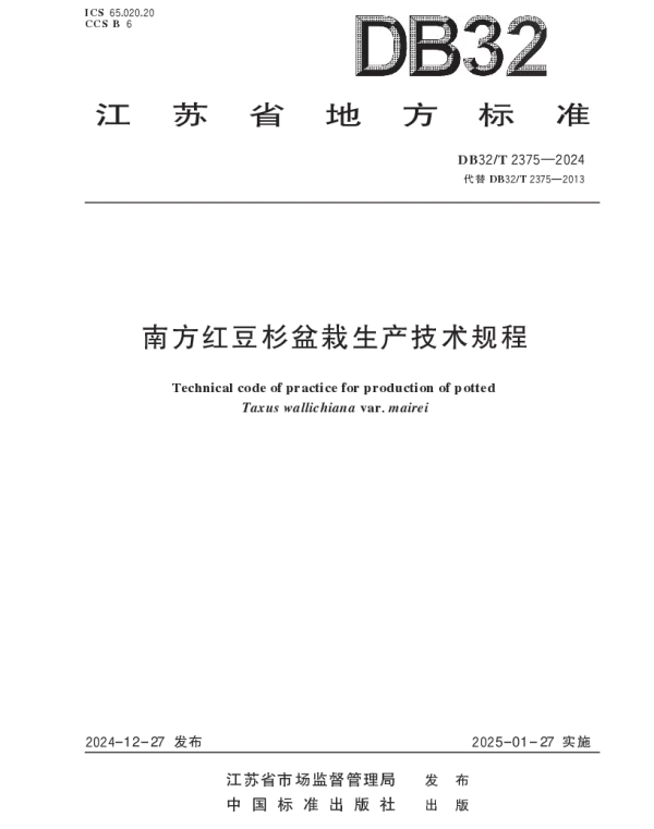 DB32T 2375-2024 南方红豆杉盆栽生产技术规程