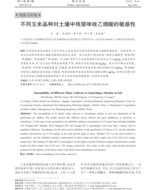 不同玉米品种对土壤中残留咪唑乙烟酸的敏感性