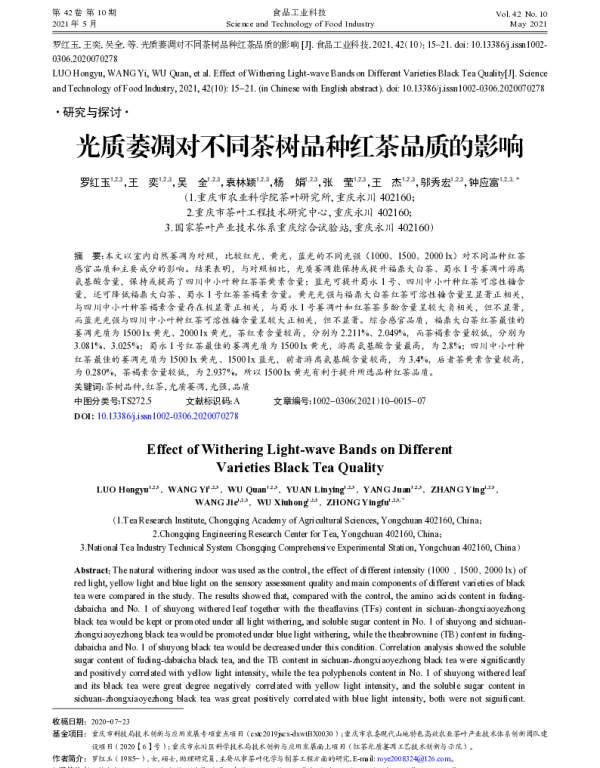 光质萎凋对不同茶树品种红茶品质的影响