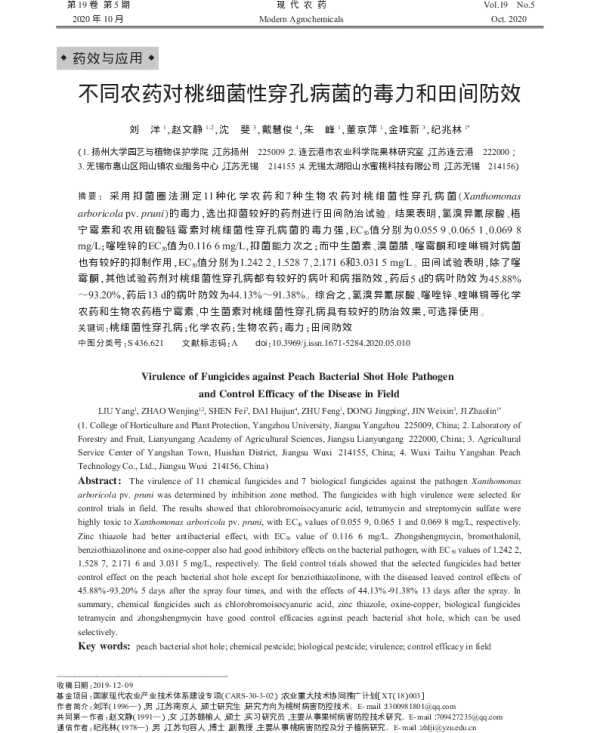 不同农药对桃细菌性穿孔病菌的毒力和田间防效
