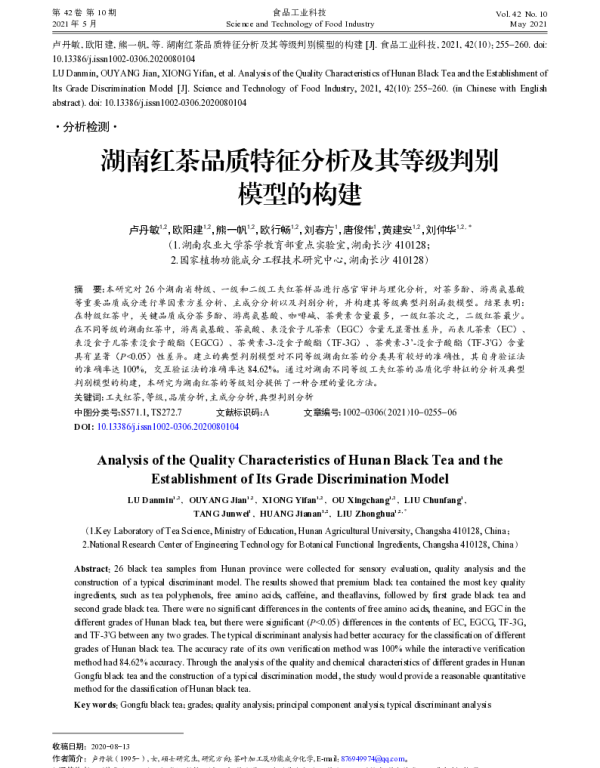 湖南红茶品质特征分析及其等级判别模型的构建