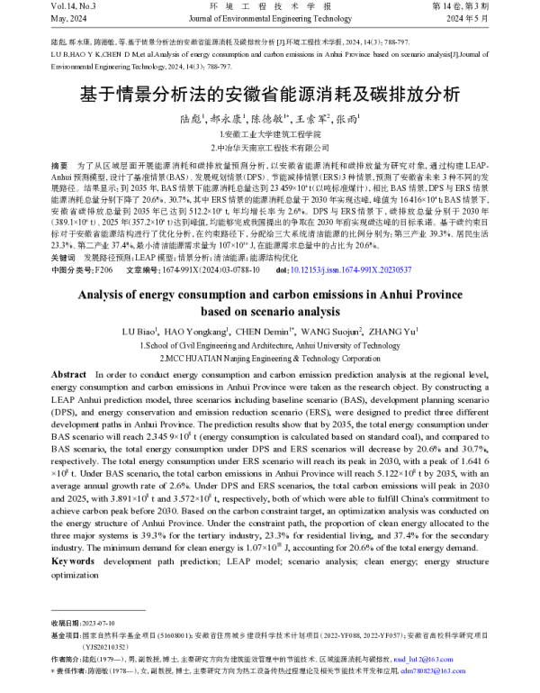 基于情景分析法的安徽省能源消耗及碳排放分析