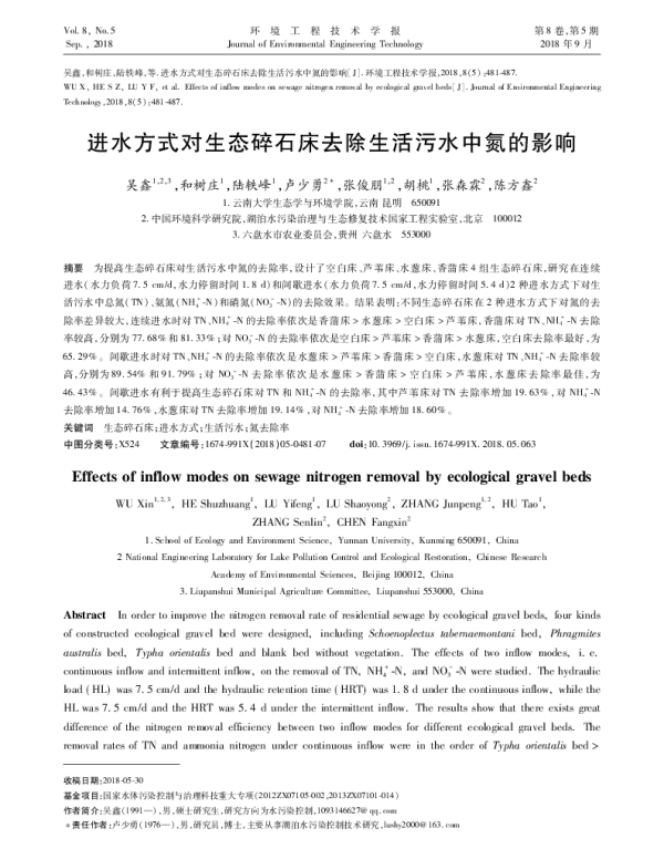 进水方式对生态碎石床去除生活污水中氮的影响