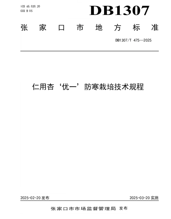 DB1307T475-2025 仁用杏‘优一’防寒栽培技术规程