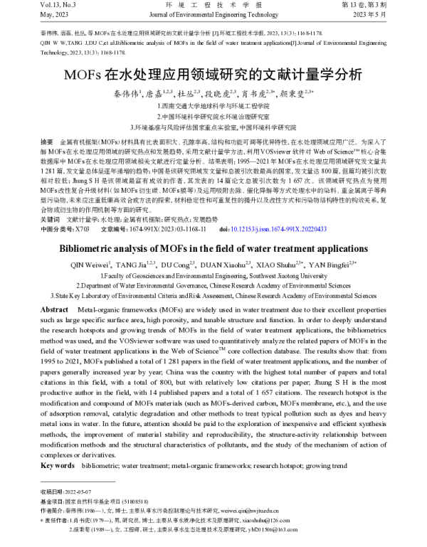 MOFs在水处理应用领域研究的文献计量学分析