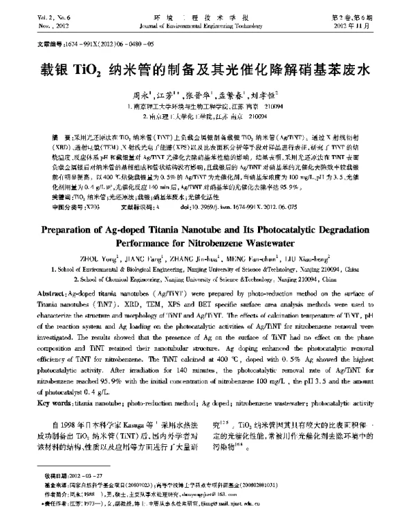 载银TiO2纳米管的制备及其光催化降解硝基苯废水