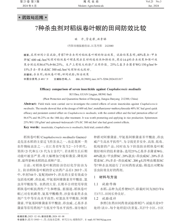 7种杀虫剂对稻纵卷叶螟的田间防效比较 7种杀虫剂对稻纵卷叶螟的田间防效比较