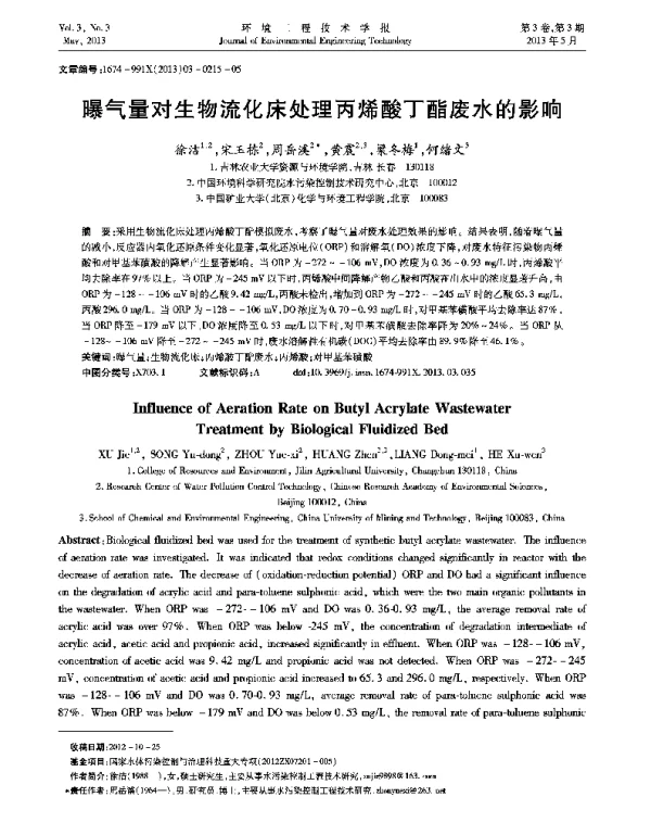 曝气量对生物流化床处理丙烯酸丁酯废水的影响