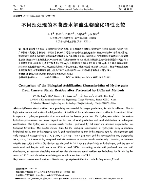 不同预处理的木薯渣水解液生物酸化特性比较