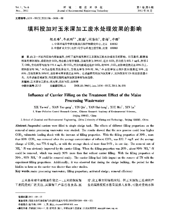 填料投加对玉米深加工废水处理效果的影响