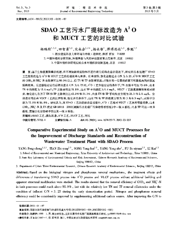 SDAO工艺污水厂提标改造为A2O和MUCT工艺的对比试验