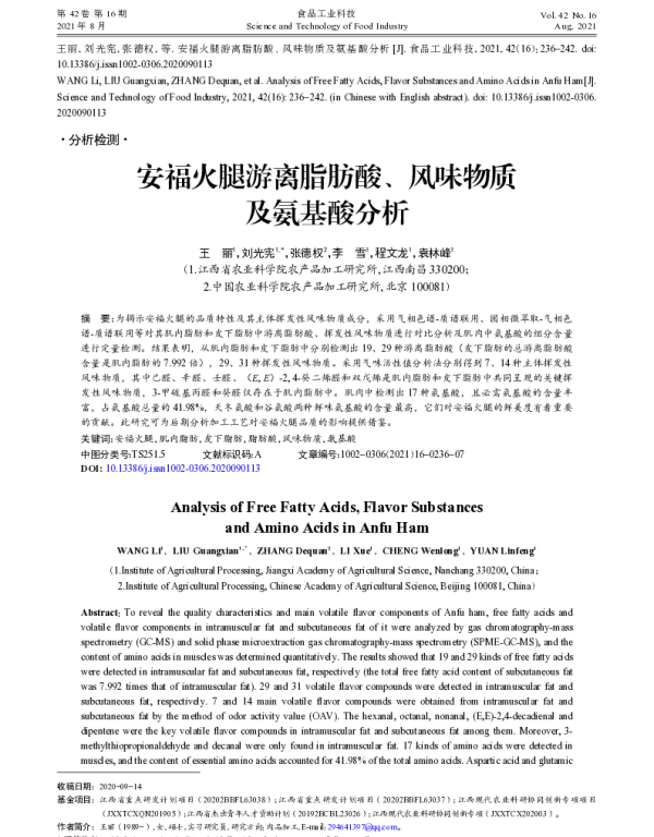 安福火腿游离脂肪酸、风味物质及氨基酸分析