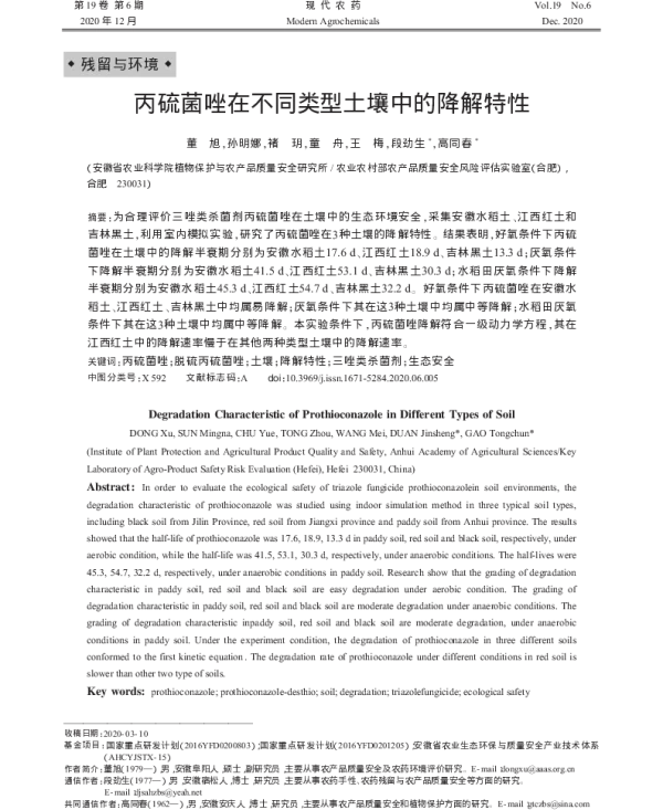 丙硫菌唑在不同类型土壤中的降解特性