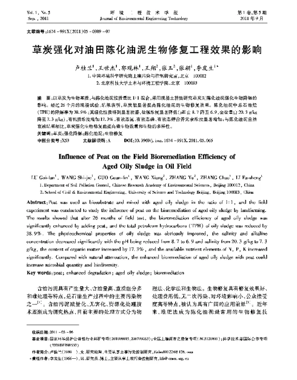 草炭强化对油田陈化油泥生物修复工程效果的影响