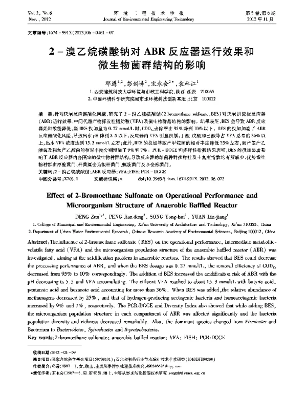 2-溴乙烷磺酸钠对ABR反应器运行效果和微生物菌群结构的影响 2-溴乙烷磺酸钠对ABR反应器运行效果和微生物菌群结构的影响