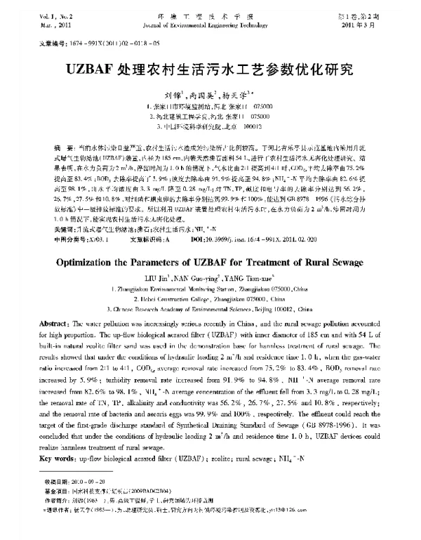 UZBAF处理农村生活污水工艺参数优化研究