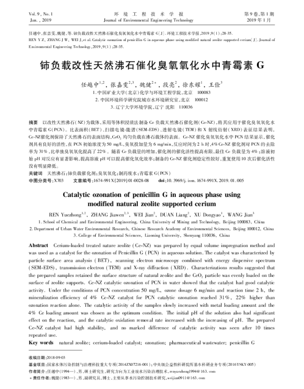 铈负载改性天然沸石催化臭氧氧化水中青霉素G