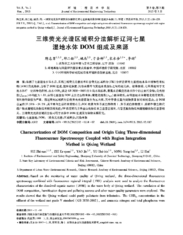 三维荧光光谱区域积分法解析辽河七星湿地水体DOM组成及来源