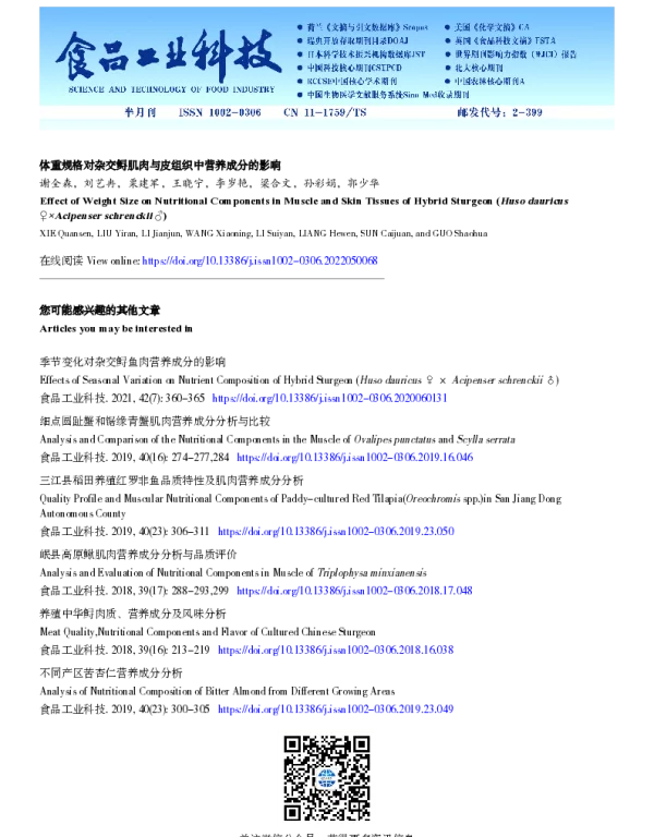 体重规格对杂交鲟肌肉与皮组织中营养成分的影响