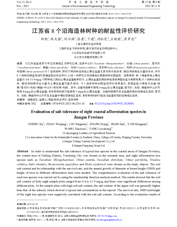 江苏省8个沿海造林树种的耐盐性评价研究