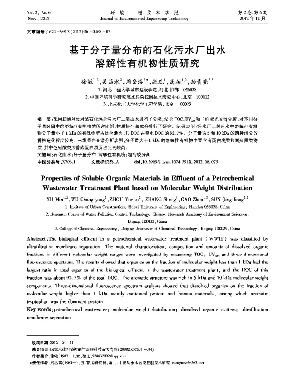 基于分子量分布的石化污水厂出水溶解性有机物性质研究