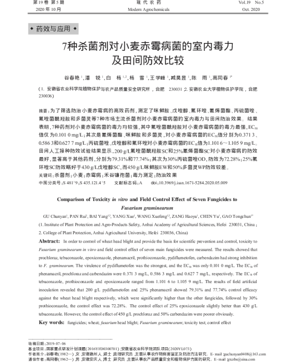7种杀菌剂对小麦赤霉病菌的室内毒力 及田间防效比较 7种杀菌剂对小麦赤霉病菌的室内毒力 及田间防效比较
