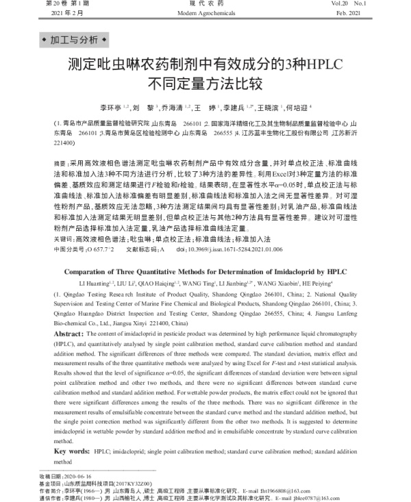 测定吡虫啉农药制剂中有效成分的3种HPLC不同定量方法比较