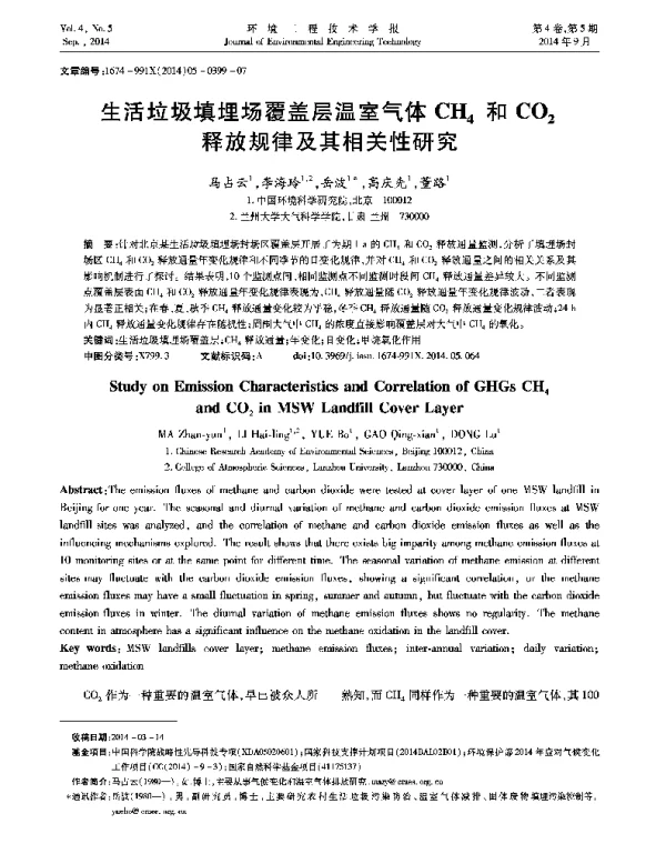 生活垃圾填埋场覆盖层温室气体CH4和CO2释放规律及其相关性研究