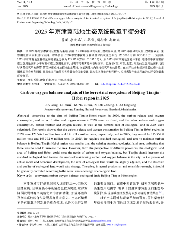 2025年京津冀陆地生态系统碳氧平衡分析 2025年京津冀陆地生态系统碳氧平衡分析