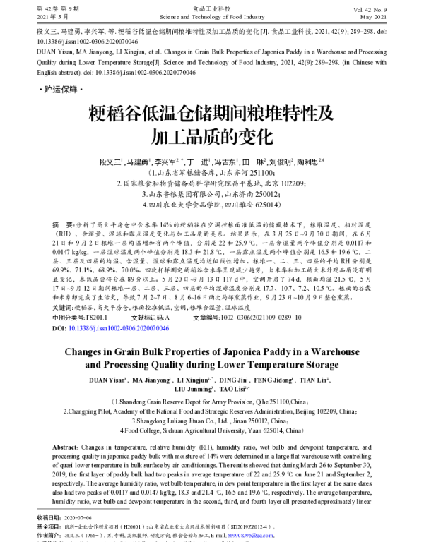 粳稻谷低温仓储期间粮堆特性及加工品质的变化