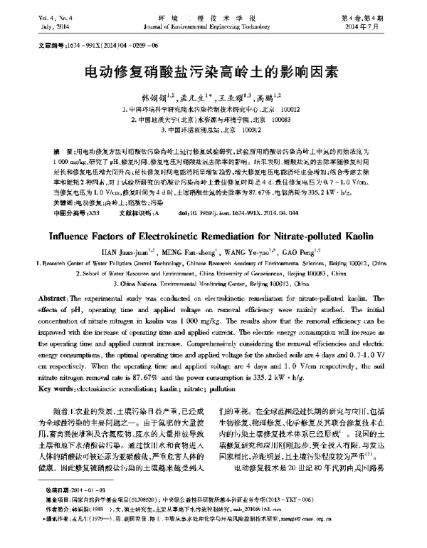 电动修复硝酸盐污染高岭土影响因素