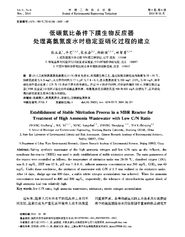 低碳氮比条件下膜生物反应器处理高氨氮废水时稳定亚硝化过程的建立