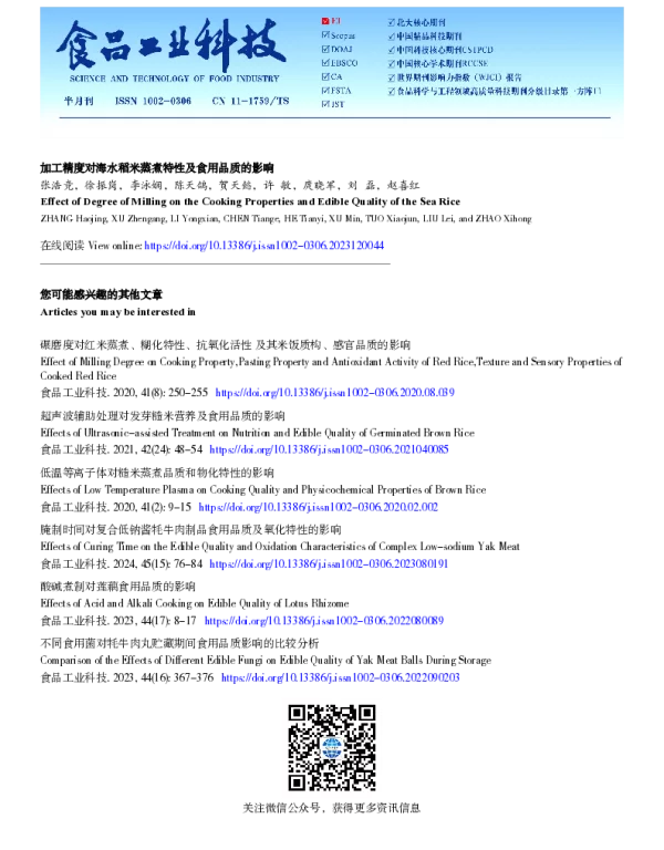 加工精度对海水稻米蒸煮特性及食用品质的影响