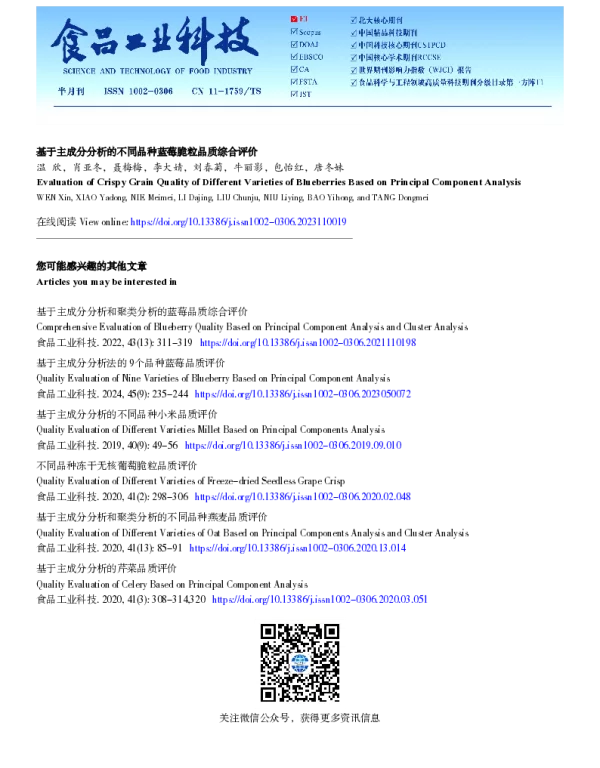 基于主成分分析的不同品种蓝莓脆粒品质综合评价