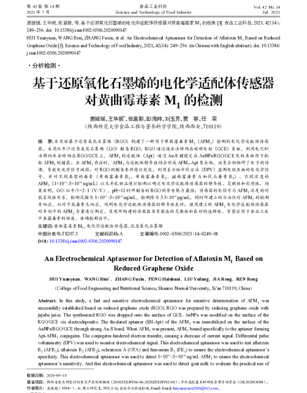 基于还原氧化石墨烯的电化学适配体传感器对黄曲霉毒素M1的检测