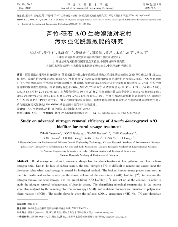 芦竹-砾石AO生物滤池对农村污水强化脱氮效能的研究