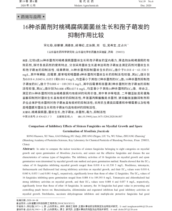16种杀菌剂对桃褐腐病菌菌丝生长和孢子萌发的 抑制作用比较 16种杀菌剂对桃褐腐病菌菌丝生长和孢子萌发的 抑制作用比较
