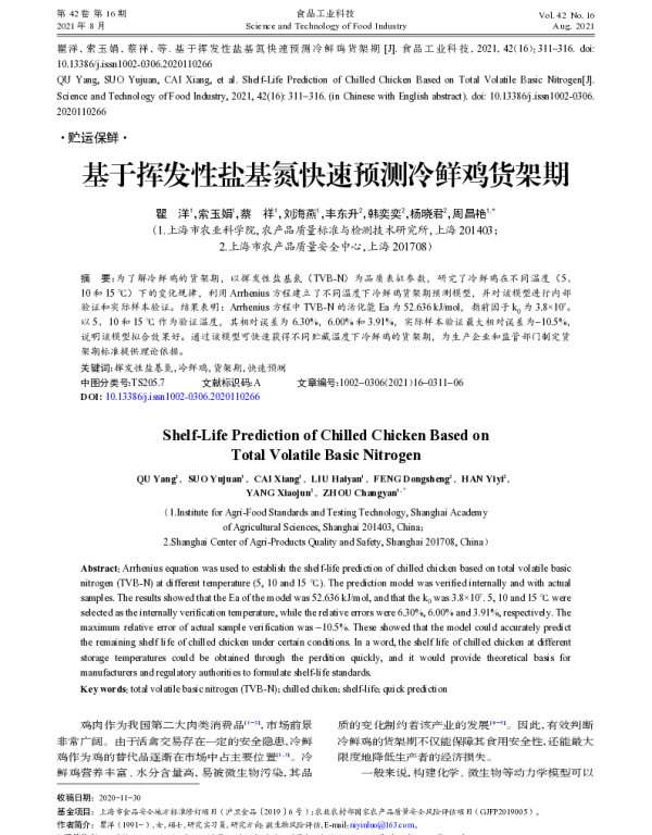 基于挥发性盐基氮快速预测冷鲜鸡货架期