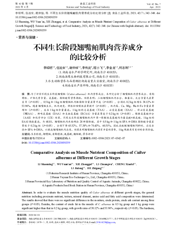 不同生长阶段翘嘴鲌肌肉营养成分的比较分析