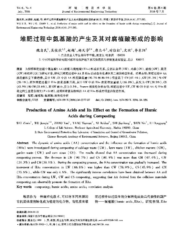 堆肥过程中氨基酸的产生及其对腐植酸形成的影响