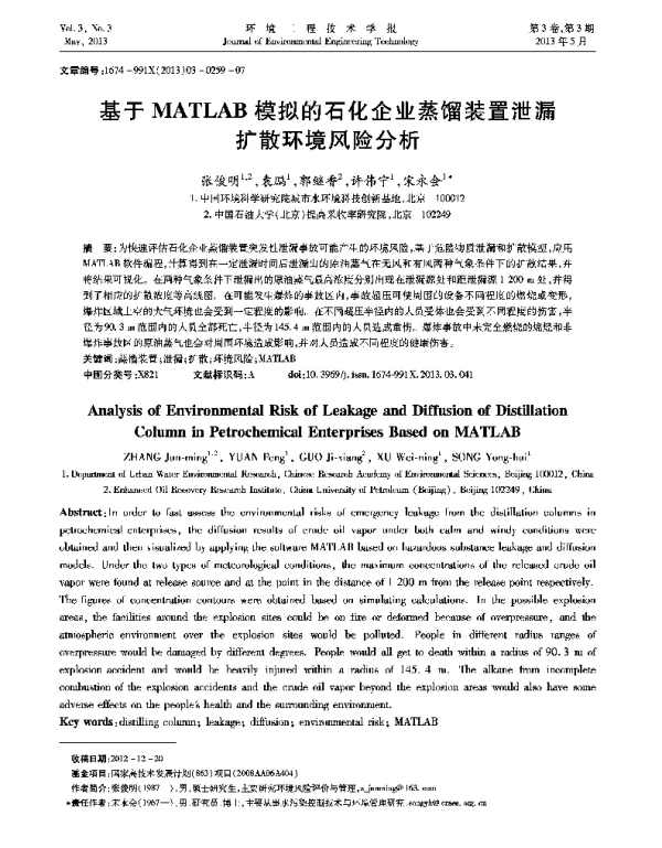 基于MATLAB模拟的石化企业蒸馏装置泄漏扩散环境风险分析