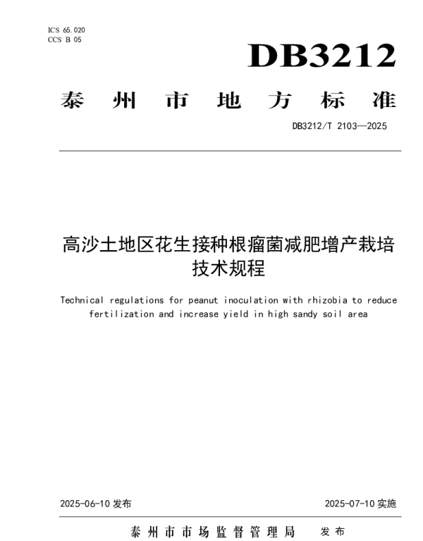 DB3212T 2103—2025 高沙土地区花生接种根瘤菌减肥增产栽培技术规程