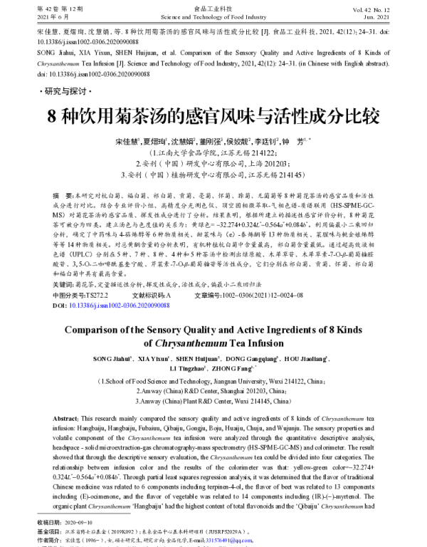 8种饮用菊茶汤的感官风味与活性成分比较 8种饮用菊茶汤的感官风味与活性成分比较