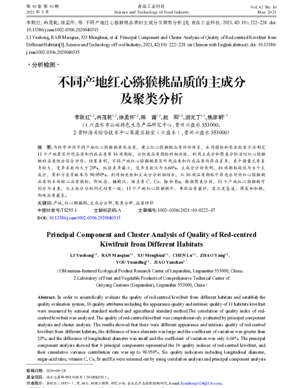 不同产地红心猕猴桃品质的主成分及聚类分析