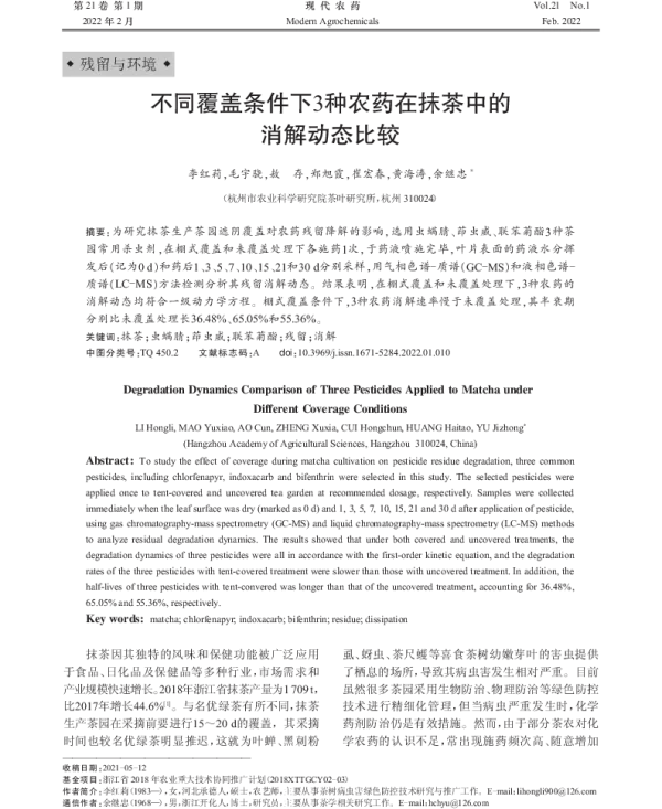 不同覆盖条件下3种农药在抹茶中的消解动态比较