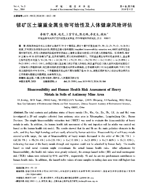 锑矿区土壤重金属生物可给性及人体健康风险评估