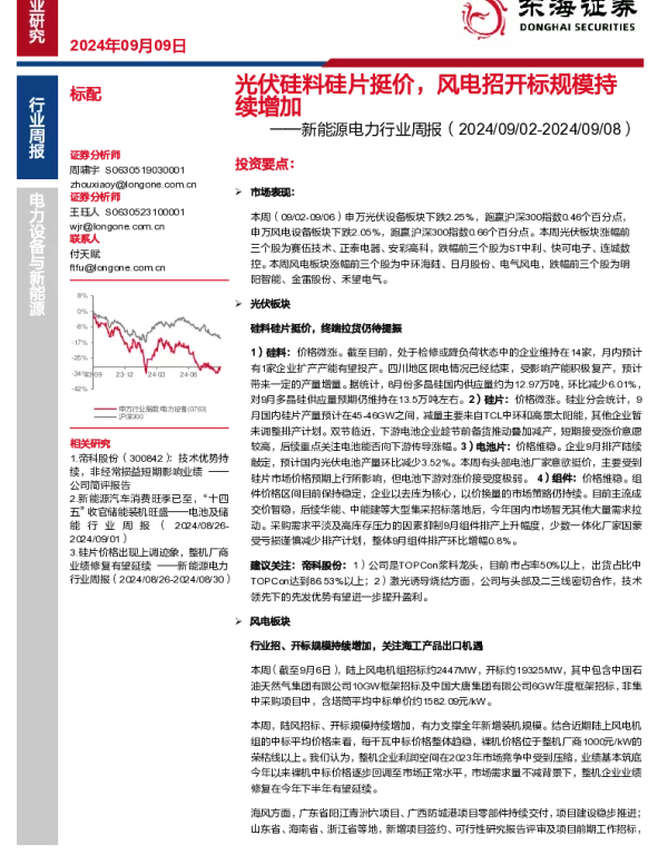 20240909-东海证券-新能源电力行业周报_光伏硅料硅片挺价_风电招开标规模持续增加_16页_1mb