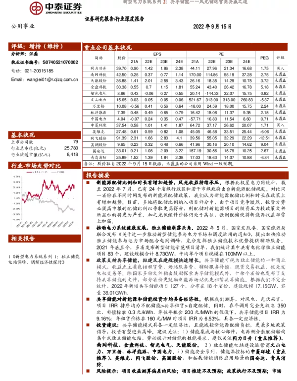 2022-10-新型电力系统系列 2 ：共享储能——风光储运营商共赢之道-中泰证券